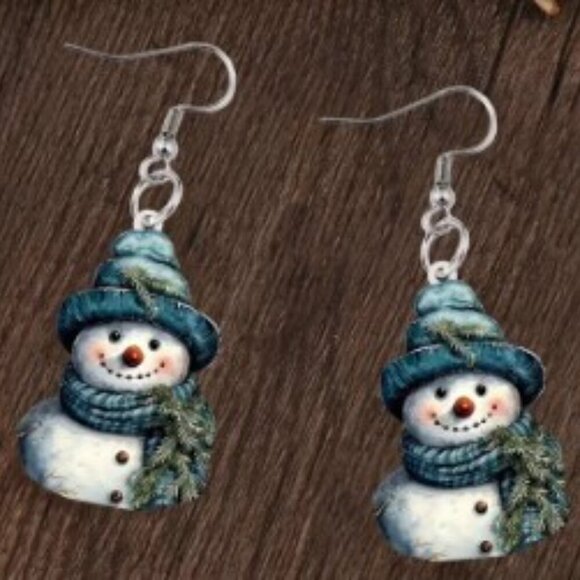 ♥️5 for $25♥️ Snowman Earrings, Acrylic 2D Blue Hat Snowman Drop Dangle Earrings - Picture 2 of 6